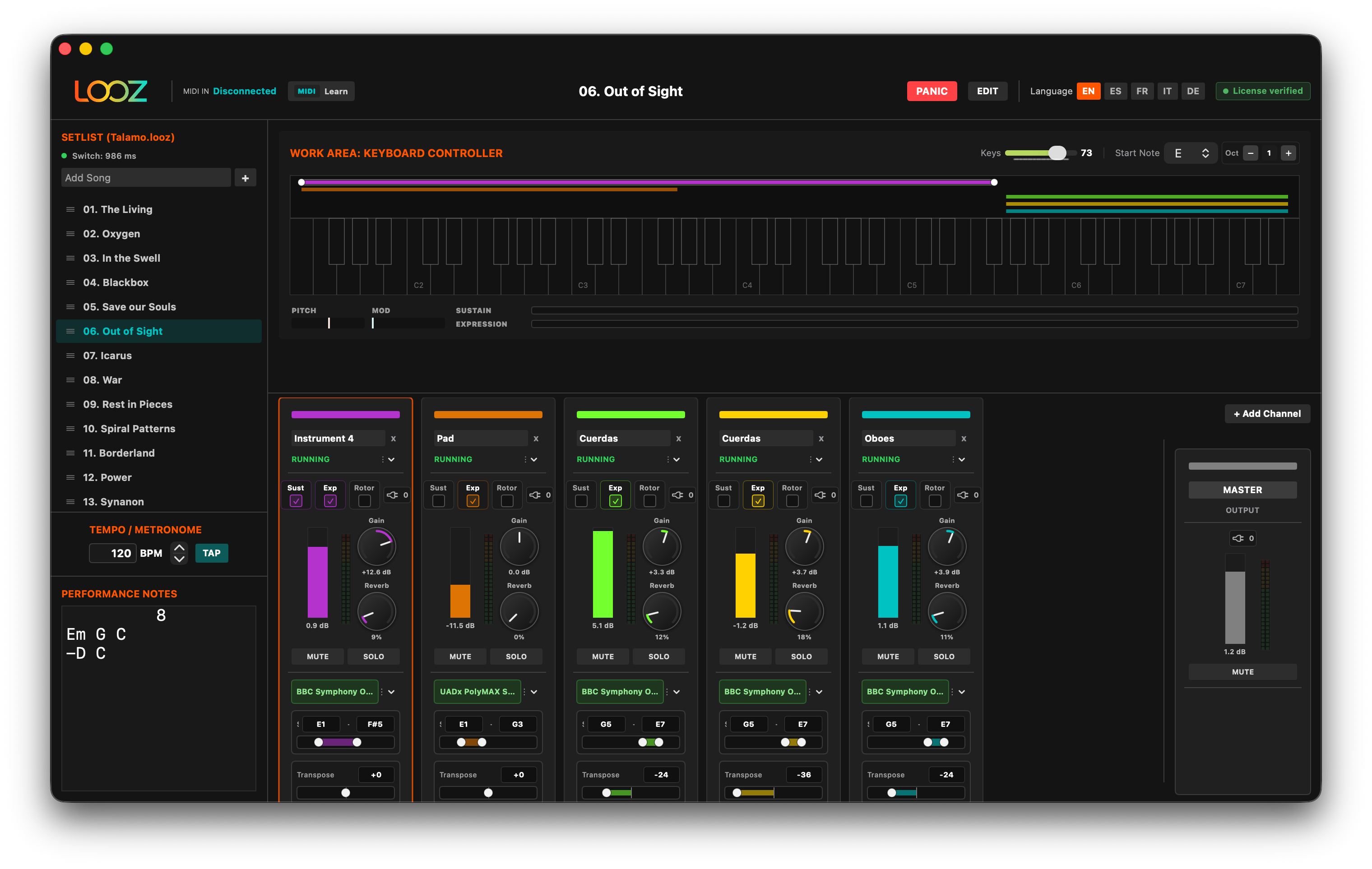Looz Stage mostrando un setlist, teclado, capas de instrumentos y mezclador